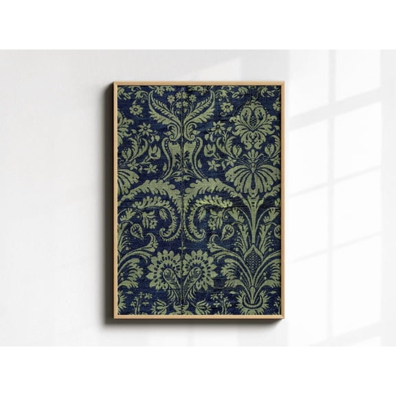 Vintage Fabric Wall Art, Antique Tapestry Textile Wall Art, Sage Green Navy Blue Renaissance Ornament Tapestry Print Dark Cottage Core Decor Poster Unframed Paper Print