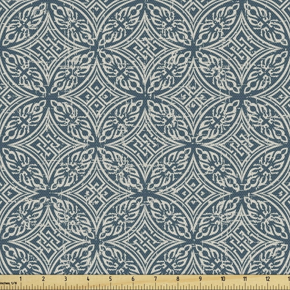 Vintage Fabric by the Yard, Aboriginal Circular Motifs Curved and Angled Lines Classical Geometric Art, Decorative Upholstery Fabric for Chairs & Home Accents, Dark Teal Eggshell by Ambesonne