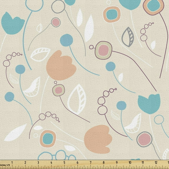 Vintage Fabric by the Yard, Abstract Floral Doodle with Botanical Elements Theme Pastel Toned Image, Upholstery Fabric for Dining Chairs Home Decor Accents, Multicolor by Ambesonne