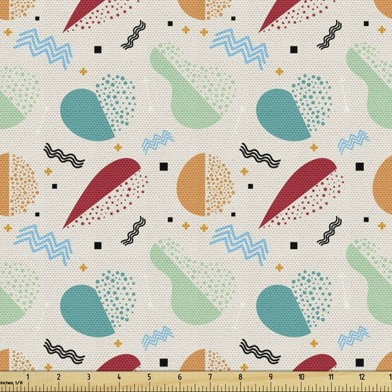 Vintage Fabric by the Yard, Abstract Fruit Shapes Pear Apricot Carrot and Apples with Swirled Lines and Dots, Decorative Upholstery Fabric for Chairs & Home Accents, Multicolor by Ambesonne