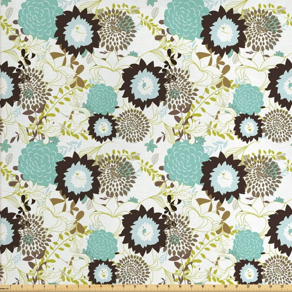 Ambesonne Vintage Fabric by the Yard Upholstery, Abstract Ornate Flower, 10 Yards, Seafoam Brown Green