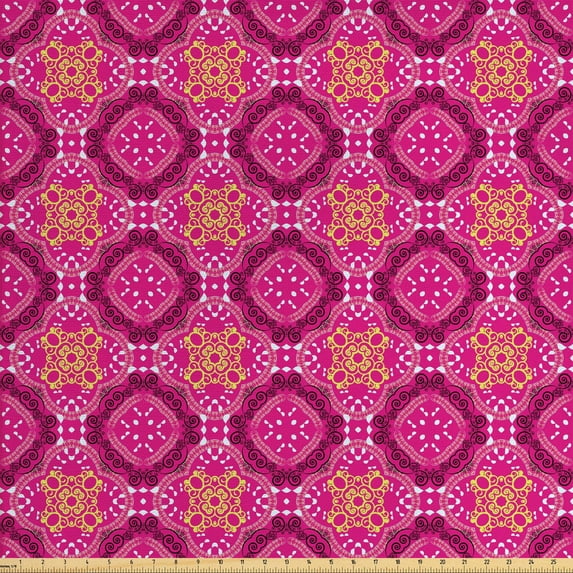 Vintage Fabric by the Yard, Abstract Shapes Victorian Motifs Middle East Curlicues, Decorative Upholstery Fabric for Sofas and Home Accents, Pink Yellow by Ambesonne
