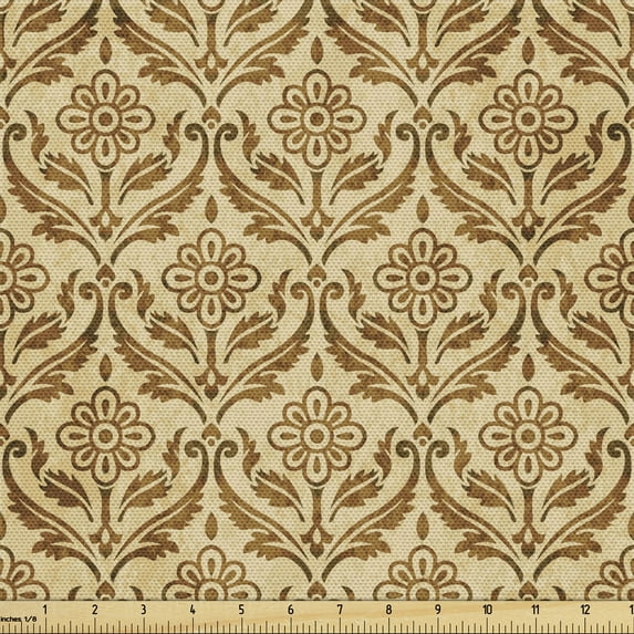 Ambesonne Vintage Fabric by the Yard Upholstery, Curvy Leaves Daisies, 1 Yard, Caramel and Tan