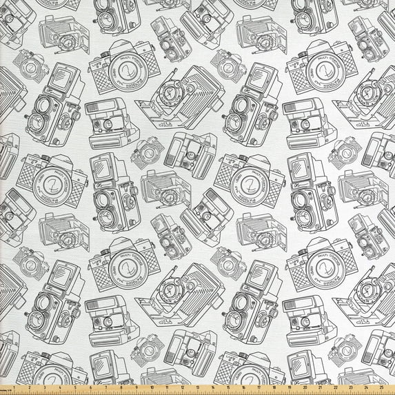 Ambesonne Vintage Fabric by the Yard Upholstery, Antique Camera Hobby, 5 Yards, Charcoal Grey White