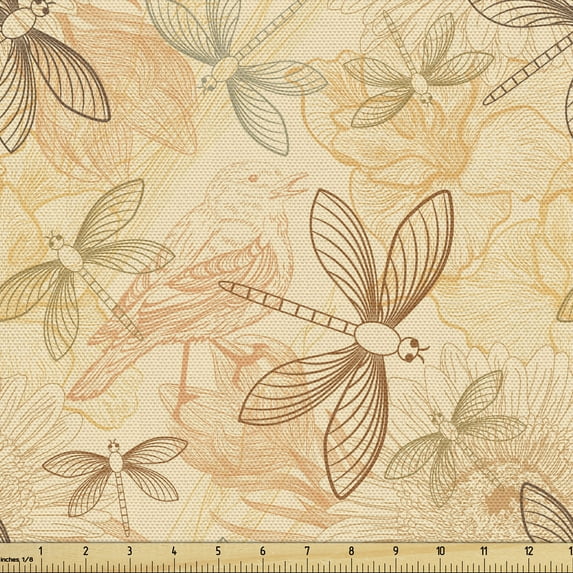 Ambesonne Vintage Fabric by the Yard Upholstery, Birds and Dragonfly Design, 1 Yard, Pale Yellow and Orange