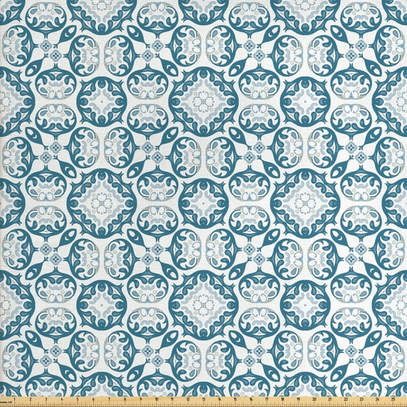 Ambesonne Vintage Fabric by the Yard Upholstery, Blue Toned Curls Design, 5 Yards, Slate Blue and Pale Blue