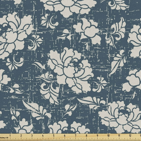 Vintage Fabric by the Yard, Botanic Garden Illustration Romantic Feminine Arrangement Grunge Effect, Decorative Upholstery Fabric for Sofas and Home Accents, Dark Teal Eggshell by Ambesonne
