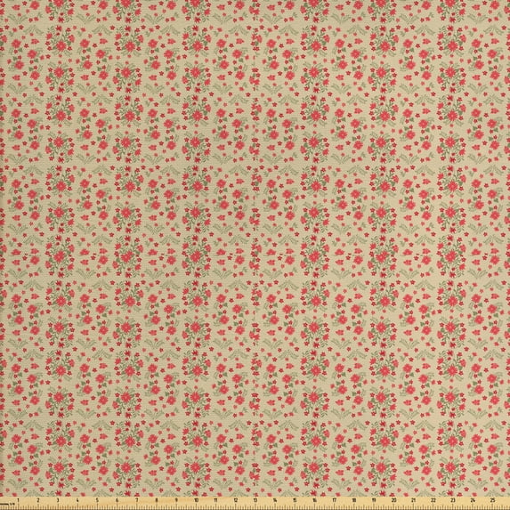 Vintage Fabric by the Yard, Continuous Retro Flowers and Leaves Romance, Decorative Upholstery Fabric for Sofas and Home Accents, Pale Mustard Dark Coral by Ambesonne