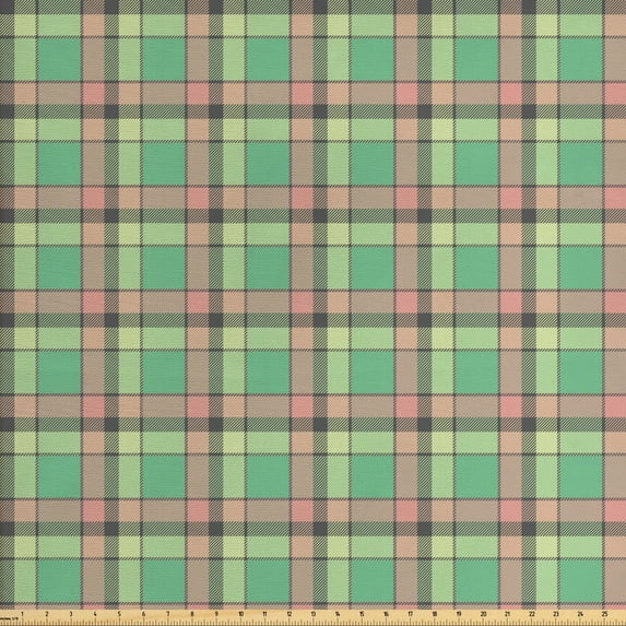 Vintage Fabric by the Yard, Continuous Tartan Pattern with Checkered Squares in Pastel Colors, Upholstery Fabric for Dining Chairs Home Decor Accents, Laurel Green and Multicolor by Ambesonne