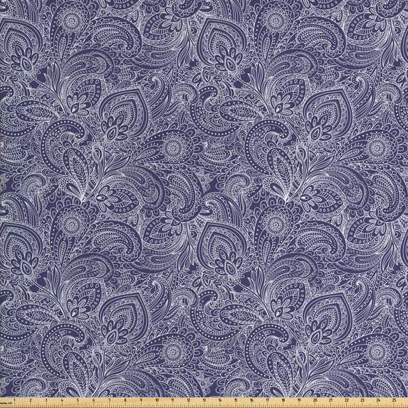 Vintage Fabric by the Yard, Detailed Art of Mini Dots Curves Geometric Shapes and Leafy Motifs, Decorative Upholstery Fabric for Sofas and Home Accents, Dark Indigo White by Ambesonne