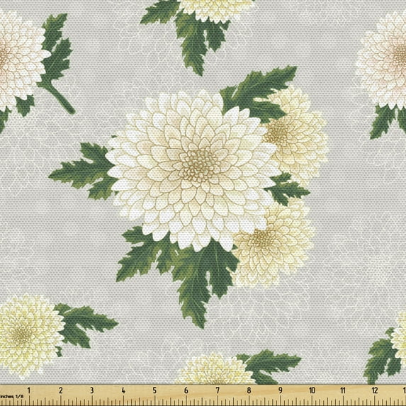 Vintage Fabric by the Yard, Detailed Drawing of Repetitive Blooming Chrysanthemum Beige Flowers, Upholstery Fabric for Dining Chairs Home Decor Accents, Coconut and Fern Green by Ambesonne