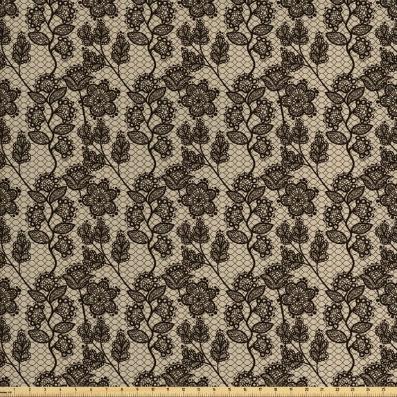 Ambesonne Vintage Fabric by the Yard Upholstery, Floral Doodle Leaves, 2 Yards, Beige Black