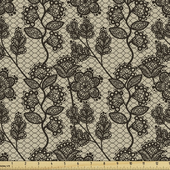 Ambesonne Vintage Fabric by the Yard Upholstery, Floral Doodle Leaves, 1 Yard, Beige Black