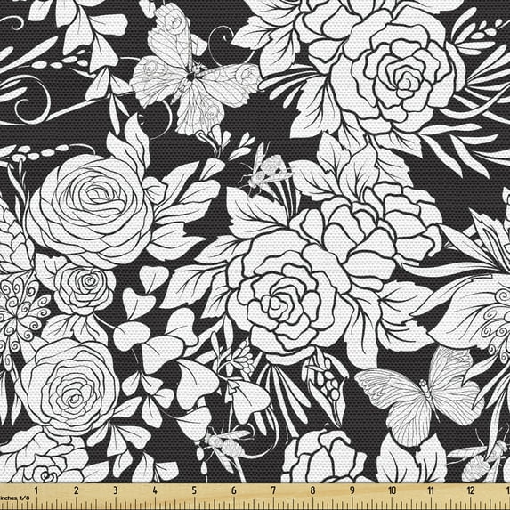 Ambesonne Vintage Fabric by the Yard Upholstery, Flora Rose Insect, 3 Yards, Charcoal Grey White