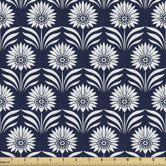 Vintage Fabric by the Yard, Folkloric Inspired Floral Pattern of Monochrome Botanic Flowers, Upholstery Fabric for Dining Chairs Home Decor Accents, Dark Violet Blue White by Ambesonne