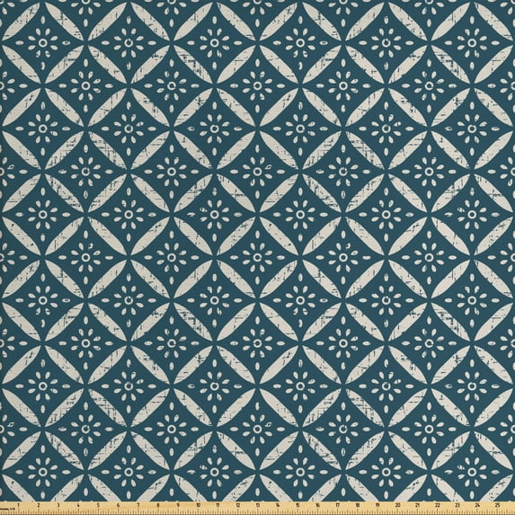 Vintage Fabric by the Yard, Geometric Frames with Petal Pattern Ornamental Grunge Design Vintage Style, Decorative Upholstery Fabric for Sofas and Home Accents, Dark Teal Eggshell by Ambesonne