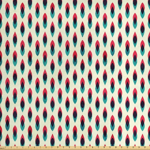 Vintage Fabric by the Yard, Geometric Retro Style Curve Pattern Grunge Style Traditional Design, Decorative Upholstery Fabric for Sofas and Home Accents, Blue Red and Cream by Ambesonne