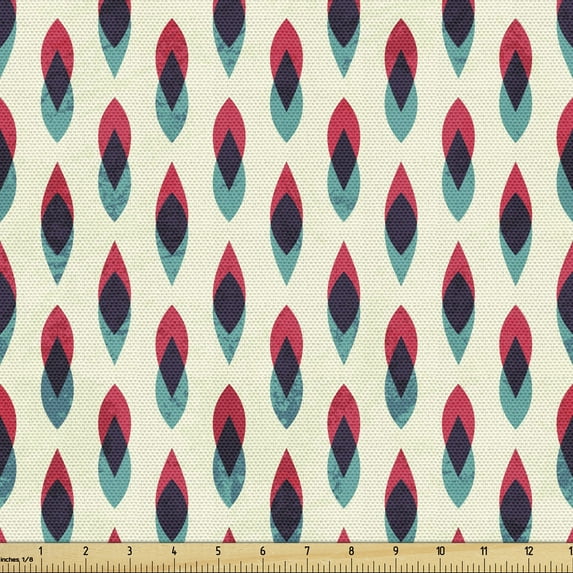 Ambesonne Vintage Fabric by the Yard Upholstery, Geometric Curve Pattern, 1 Yard, Blue Red and Cream