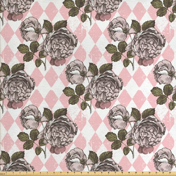 Ambesonne Vintage Fabric by the Yard Upholstery, Grunge Engraved Peonies, 2 Yards, Pale Pink and White