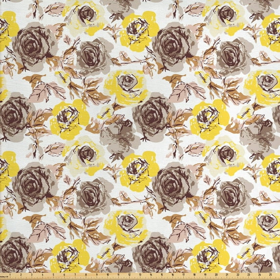 Ambesonne Vintage Fabric by the Yard Upholstery, Grungy Roses Romantic, 10 Yards, Yellow Beige Brown