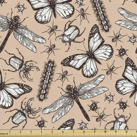 Ambesonne Vintage Fabric by the Yard Upholstery, Insect Butterfly Sketch, 1 Yard, Pale Peach Seal Brown