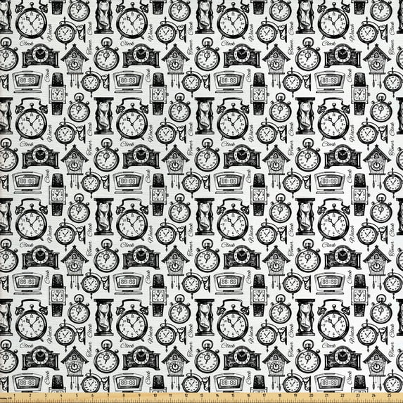 Ambesonne Vintage Fabric by the Yard Upholstery, Sketct Style Watches, 2 Yards, Black White