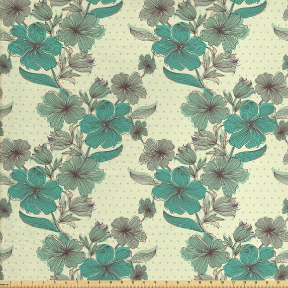 Ambesonne Vintage Fabric by the Yard Upholstery, Hatched Flowers Polka Dots, 3 Yards, Cream Multicolor