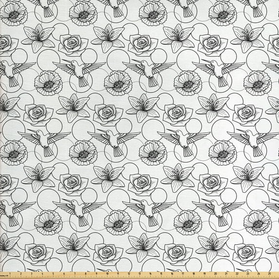 Ambesonne Vintage Fabric by the Yard Upholstery, Colibri Birds and Flowers, 3 Yards, Charcoal Grey and White