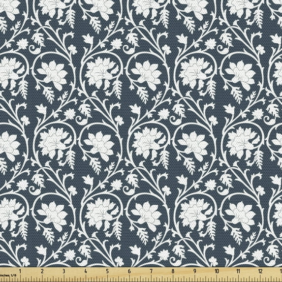 Vintage Fabric by the Yard, Monochrome Design Heart Shaped Swirling Branches of Delicate Flowers, Decorative Upholstery Fabric for Chairs & Home Accents, Dark Slate Blue White by Ambesonne
