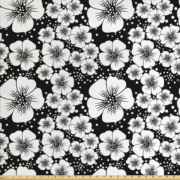 Vintage Fabric by the Yard, Monochrome Nostalgia with Apple Blossoms and Irregular Dots, Upholstery Fabric for Dining Chairs Home Decor Accents, Charcoal Grey White by Ambesonne