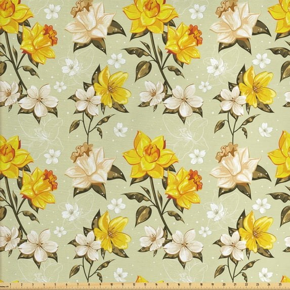 Ambesonne Vintage Fabric by the Yard Upholstery, Narcissus Wildflowers, 5 Yards, Yellow Cream Pale Green