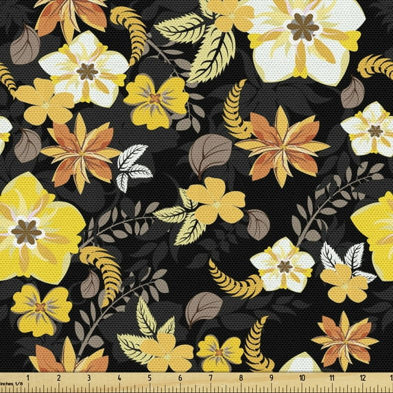Ambesonne Vintage Fabric by the Yard Upholstery, Fall Flowers and Blossoms, 3 Yards, Yellow Pale Orange Black