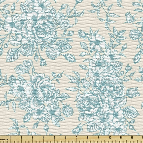 Ambesonne Vintage Fabric by the Yard Upholstery, English Garden Rose Romance, 1 Yard, Off White Blue