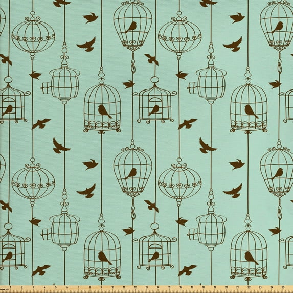 Ambesonne Vintage Fabric by the Yard Upholstery, Birds and Cages Art, 10 Yards, Mint Green and Brown
