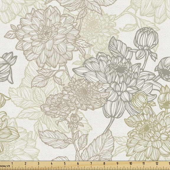 Ambesonne Vintage Fabric by the Yard Upholstery, Chrysanthemum Motifs, 1 Yard, Taupe Beige