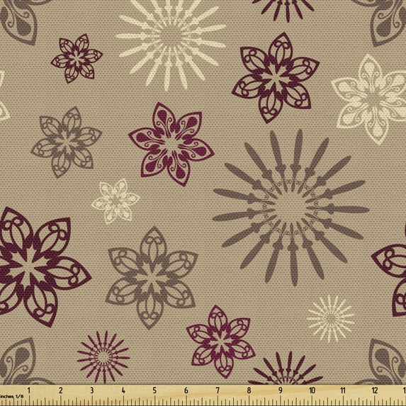 Ambesonne Vintage Fabric by the Yard Upholstery, Traditional Floral Shapes, 1 Yard, Dark Sand Brown Maroon
