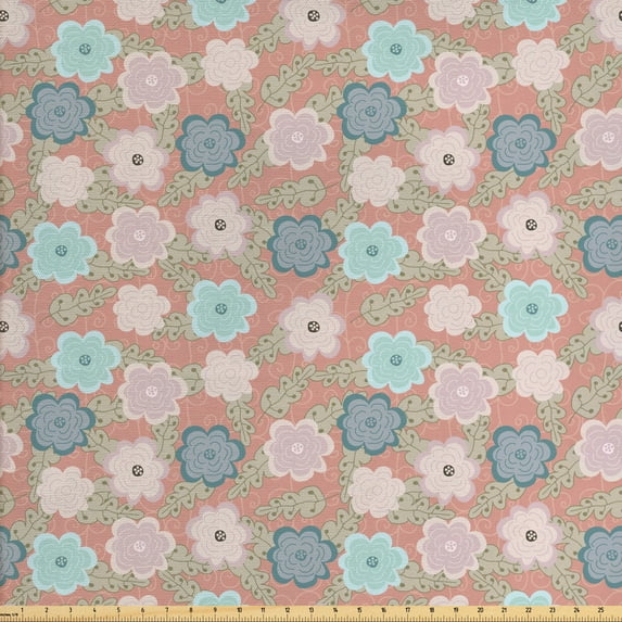 Vintage Fabric by the Yard, Repetitive Cartoonish Flowers and Leaves Pattern in Pastel Tones, Upholstery Fabric for Dining Chairs Home Decor Accents, Pale Rust Multicolor by Ambesonne