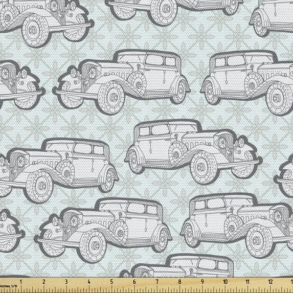 Vintage Fabric by the Yard, Retro Cars Pattern on Floral Damask Background Automobile Fashion Art, Upholstery Fabric for Dining Chairs Home Decor Accents, Pale Blue Dust and White by Ambesonne