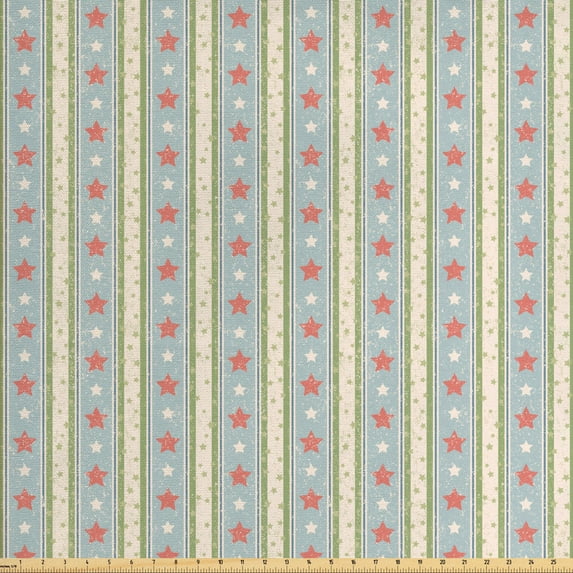 Vintage Fabric by the Yard, Retro Vertical Stripes and Stars with Pastel Colors Ornamental Pattern, Upholstery Fabric for Dining Chairs Home Decor Accents, Multicolor by Ambesonne
