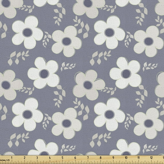 Vintage Fabric by the Yard, Simple Daisy Blossoms with Leafy Twigs Nostalgic Floral Pattern, Decorative Upholstery Fabric for Chairs & Home Accents, Blue Grey Pale Grey by Ambesonne