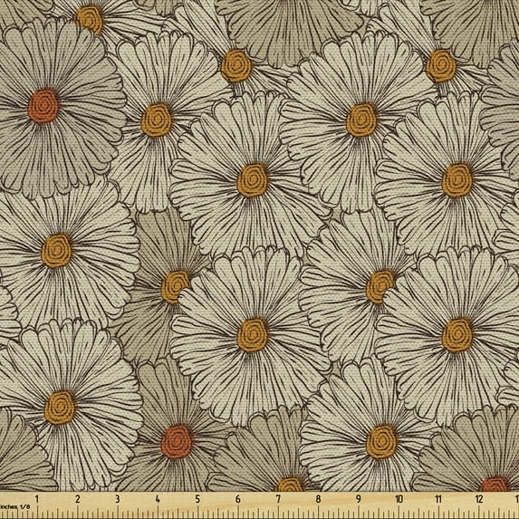 Vintage Fabric by the Yard, Sketch Art Style Gerbera Daisies Abstract Flowers Autumn Garden Flourish, Decorative Upholstery Fabric for Sofas and Home Accents, Tan Orange Marigold by Ambesonne