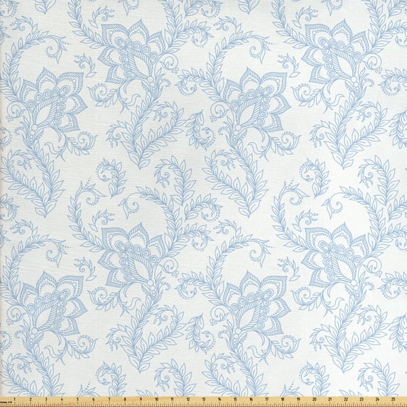 Ambesonne Vintage Fabric by the Yard Upholstery, Floral Pattern Leaf Stalk, 5 Yards, Pale Blue White
