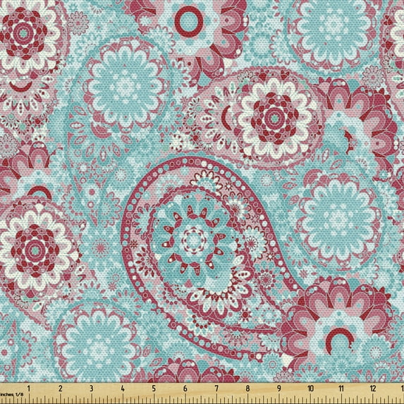 Ambesonne Vintage Fabric by the Yard Upholstery, Oriental Spring Flowers, 1 Yard, Pink Pale Blue