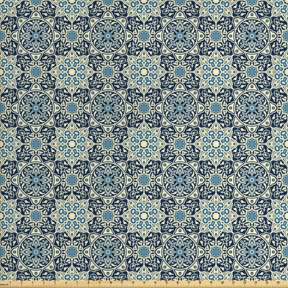Ambesonne Floral Fabric by the Yard Upholstery, Traditional, 5 Yards, Dark Blue Cream