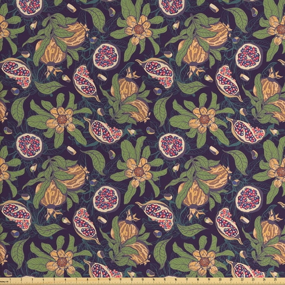 Vintage Fabric by the Yard Upholstery, Abstract Design Pomegranate Fruits and Botanical Ornaments on Dark Illustration, Decorative Fabric for DIY and Home Accents, Multicolor by Ambesonne