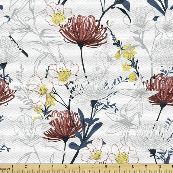 Vintage Fabric by the Yard Upholstery, Blossoming Summer Flora Pattern with Outline Design Silhouettes in Soft Tones, Decorative Fabric for DIY and Home Accents, Multicolor by Ambesonne