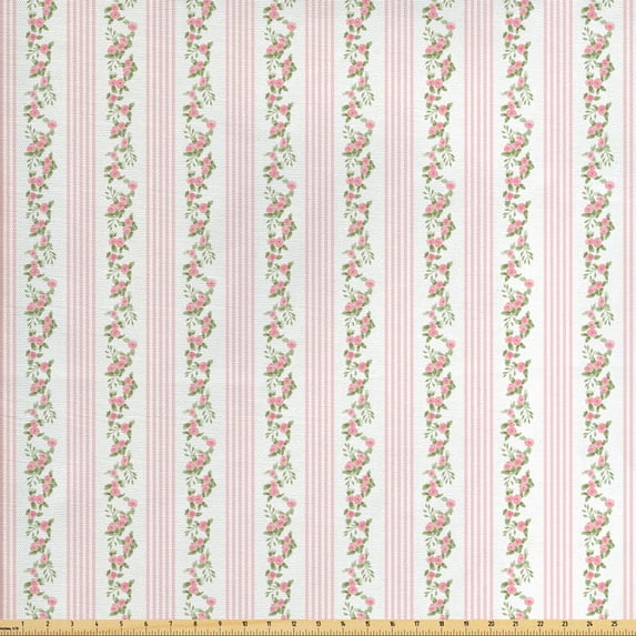 Ambesonne Vintage Fabric by the Yard Upholstery, Pastel Flora and Stripes, 3 Yards, Pale Pink White