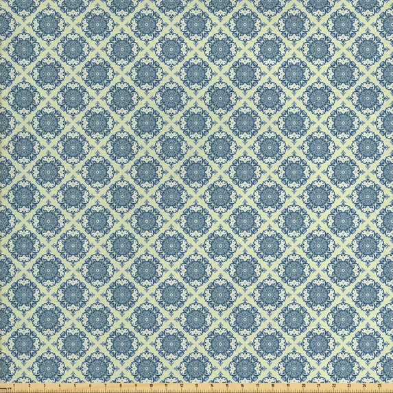 Ambesonne Mandala Fabric by the Yard Upholstery, Curvy Floral Motifs, 3 Yards, Reseda Green Pale Blue