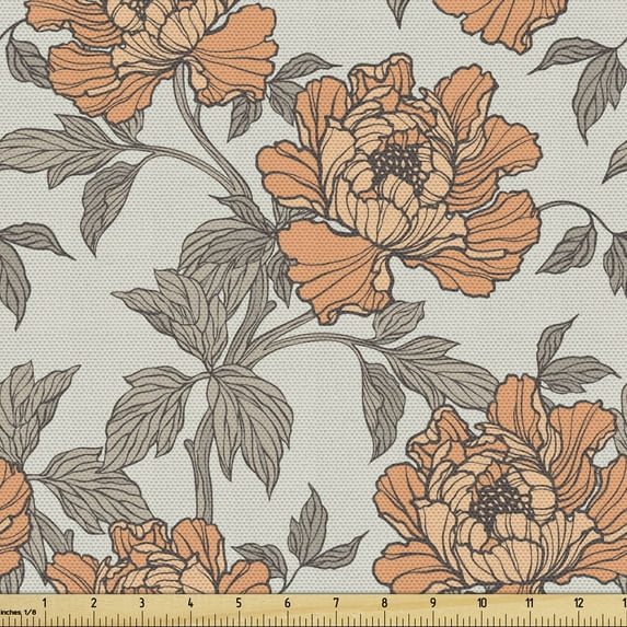 Vintage Fabric by the Yard Upholstery, Floral Nostalgia with Peony Flowers, Decorative Fabric for DIY and Home Accents, Dark Peach Grey Yellow by Ambesonne