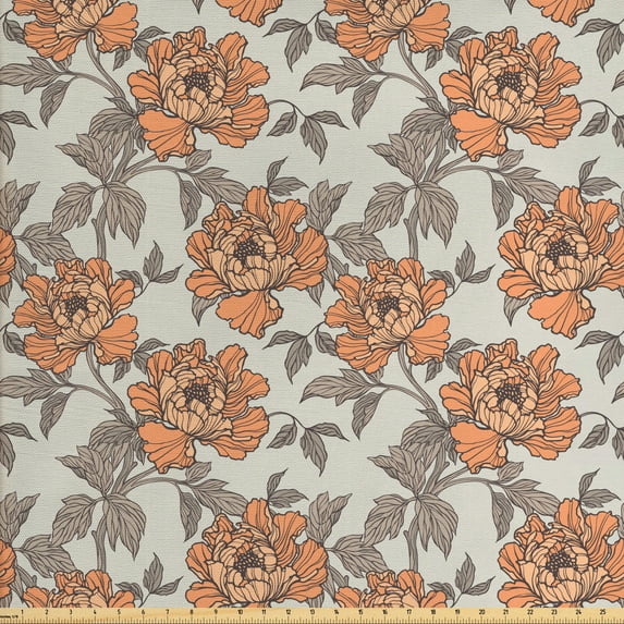 Ambesonne Vintage Fabric by the Yard Upholstery, Floral Nostalgia Peonies, 5 Yards, Dark Peach Grey Yellow